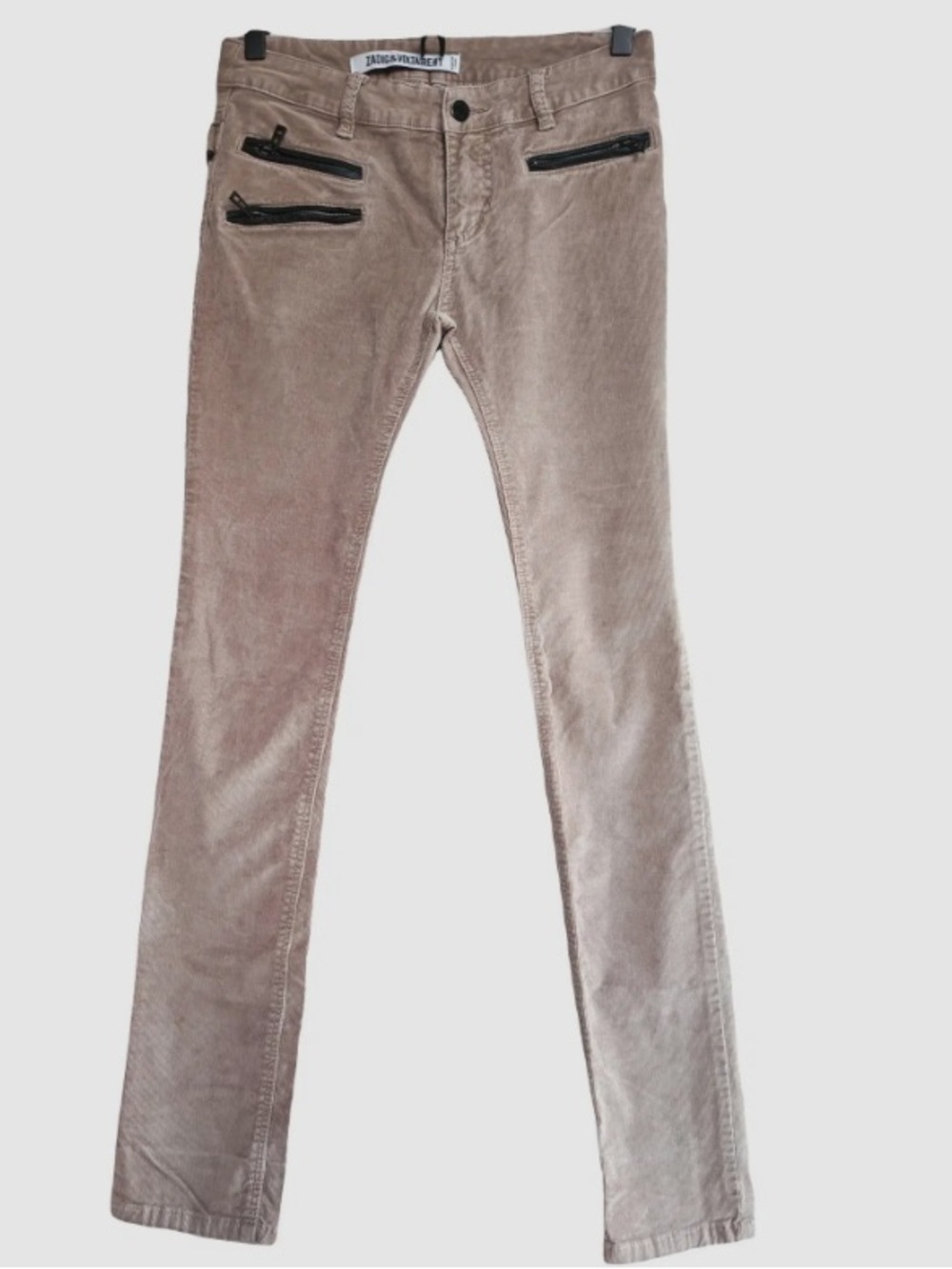 Zadig & Voltaire Skinny Corduroy Pants in Taupe with Black Zip Details Euro 36